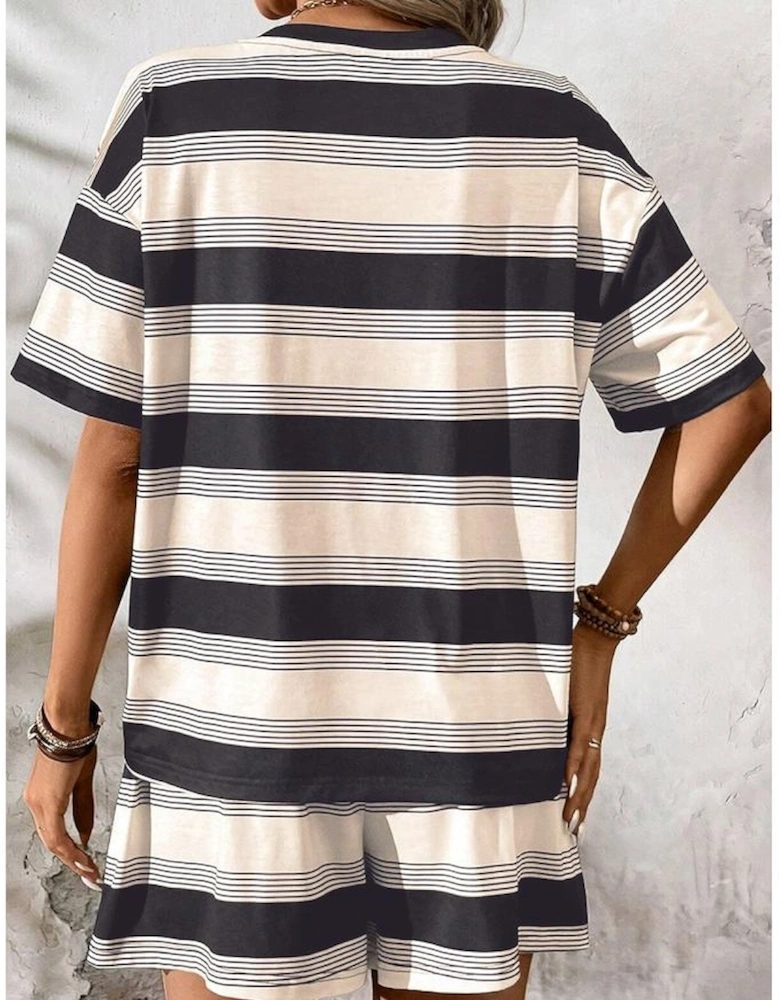 Black Stripe Short Sleeve T Shirt and High Waist Pocketed Shorts Set