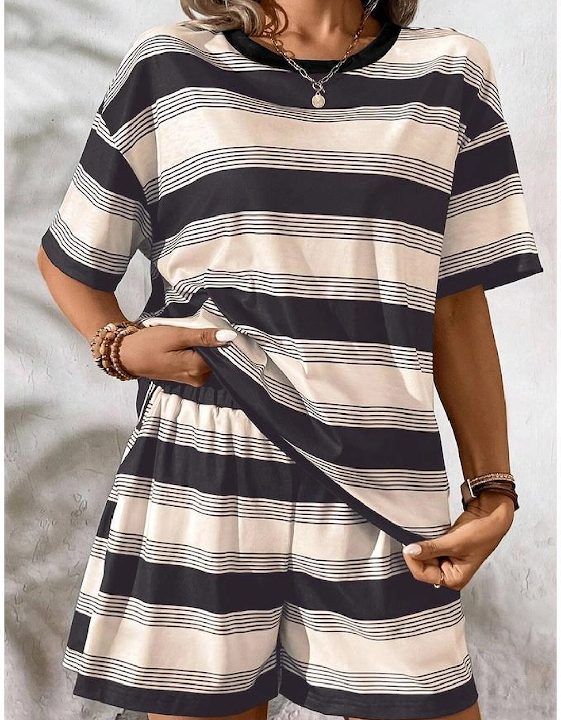 Black Stripe Short Sleeve T Shirt and High Waist Pocketed Shorts Set
