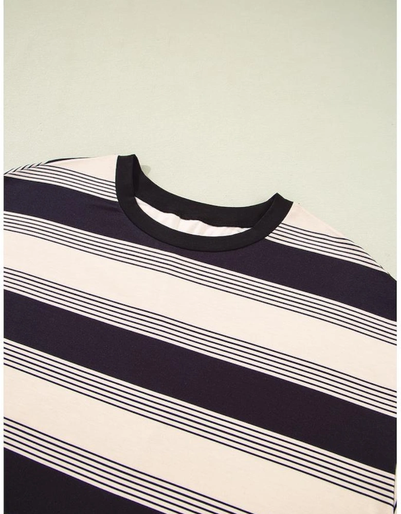 Black Stripe Short Sleeve T Shirt and High Waist Pocketed Shorts Set