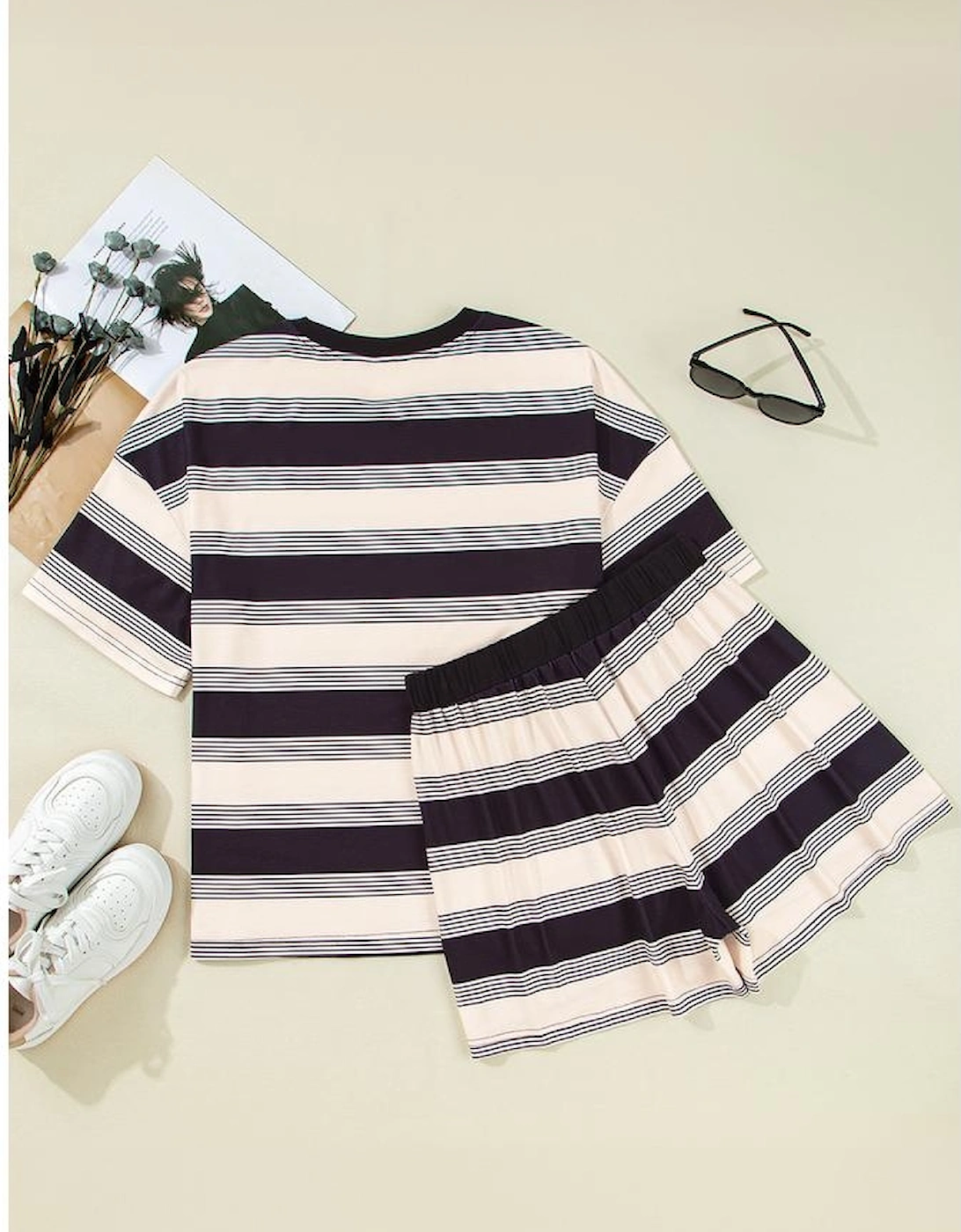 Black Stripe Short Sleeve T Shirt and High Waist Pocketed Shorts Set