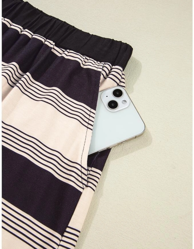 Black Stripe Short Sleeve T Shirt and High Waist Pocketed Shorts Set