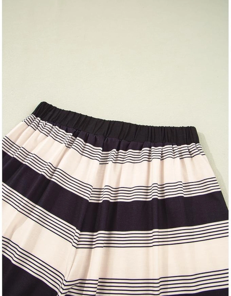 Black Stripe Short Sleeve T Shirt and High Waist Pocketed Shorts Set