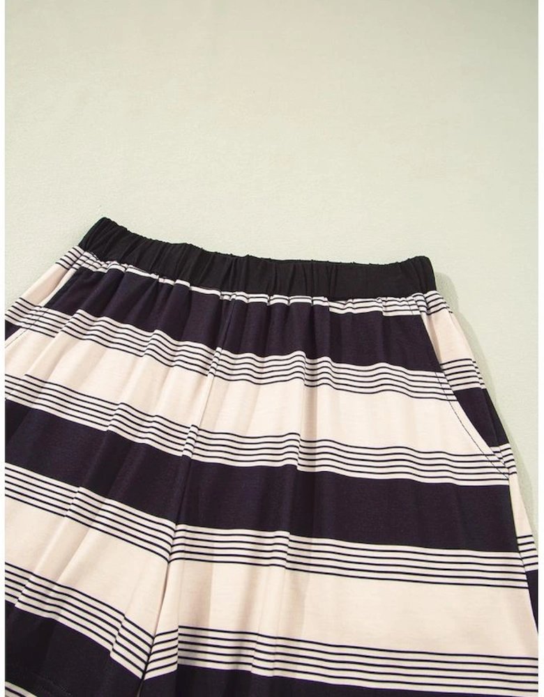 Black Stripe Short Sleeve T Shirt and High Waist Pocketed Shorts Set