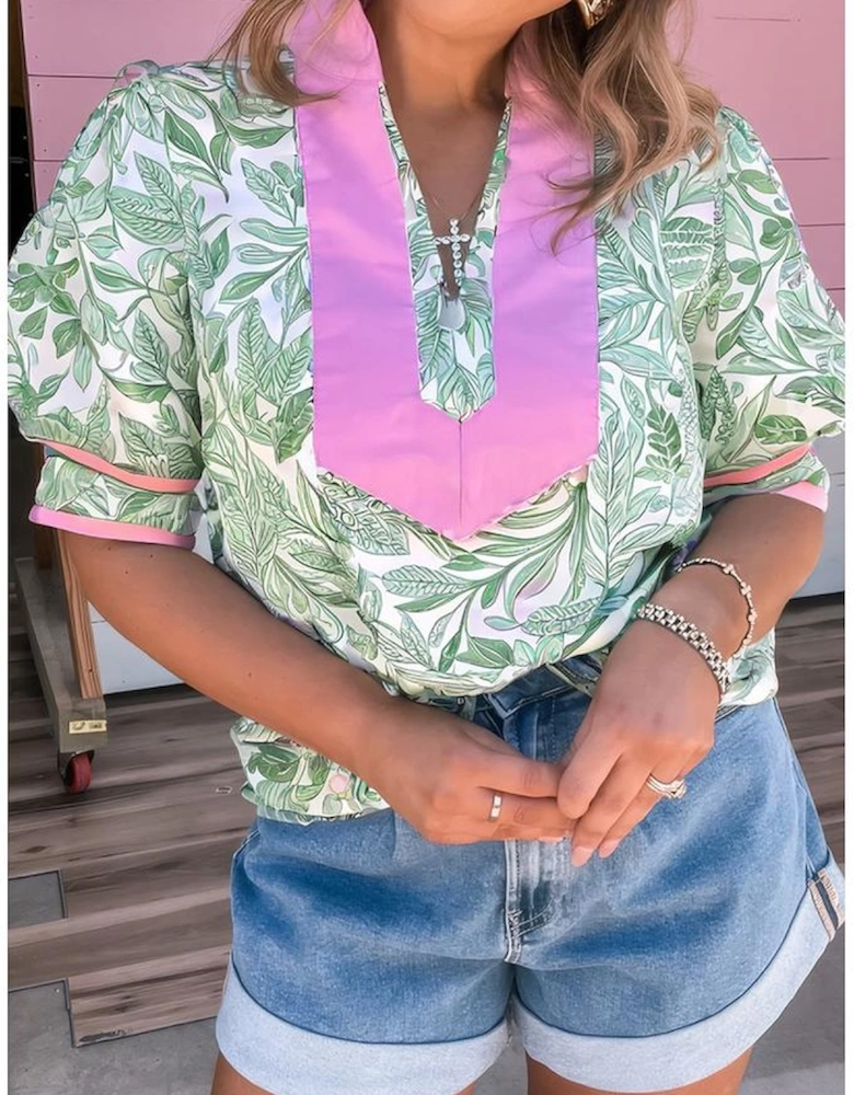 Green Leaves Pattern Color Block V Neck Puff Sleeve Blouse