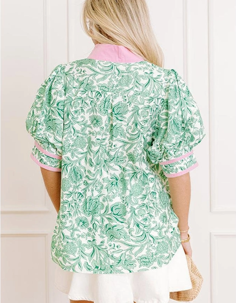 Green Leaves Pattern Color Block V Neck Puff Sleeve Blouse