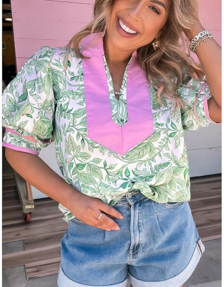 Green Leaves Pattern Color Block V Neck Puff Sleeve Blouse