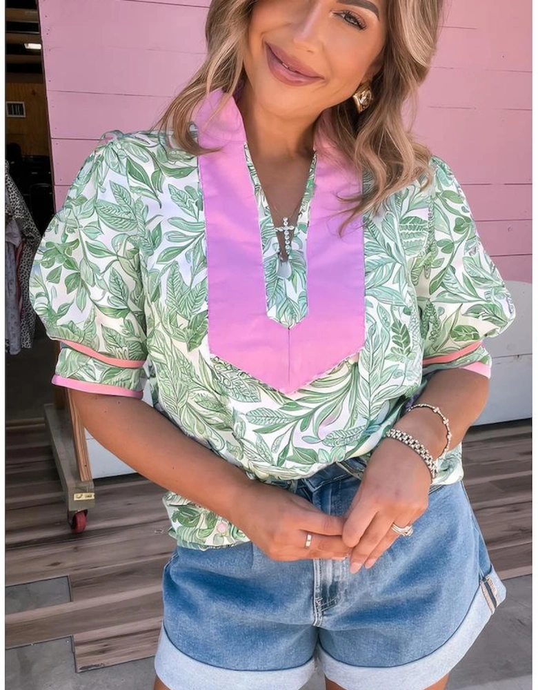 Green Leaves Pattern Color Block V Neck Puff Sleeve Blouse