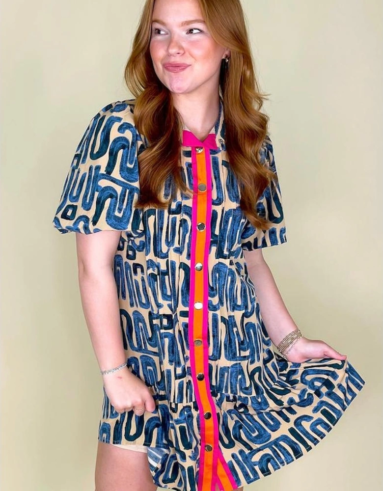 Beige Abstract Print Bubble Sleeve Button up Mini Dress