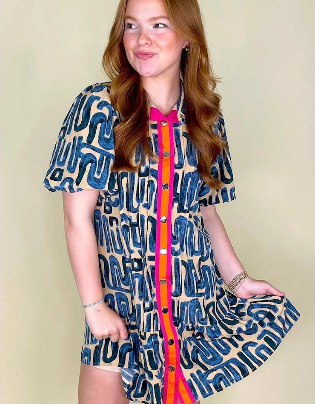 Beige Abstract Print Bubble Sleeve Button up Mini Dress, 13 of 12