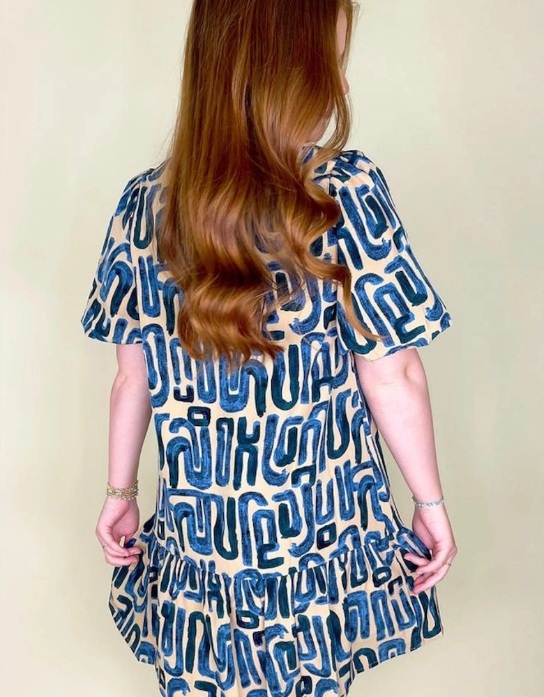 Beige Abstract Print Bubble Sleeve Button up Mini Dress