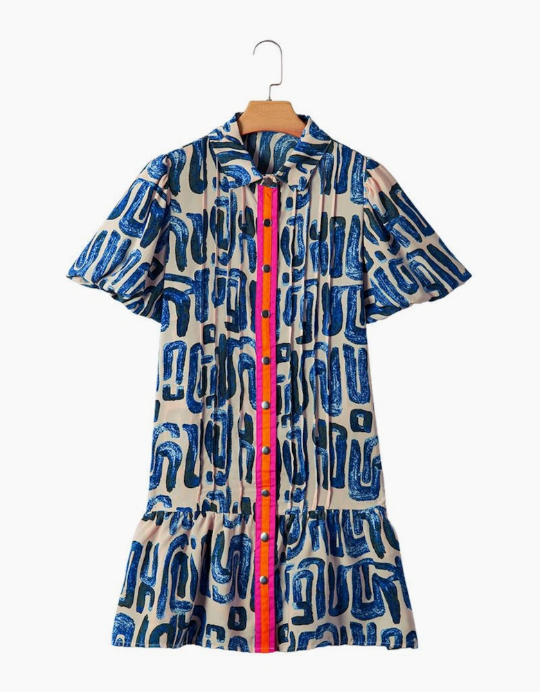 Beige Abstract Print Bubble Sleeve Button up Mini Dress