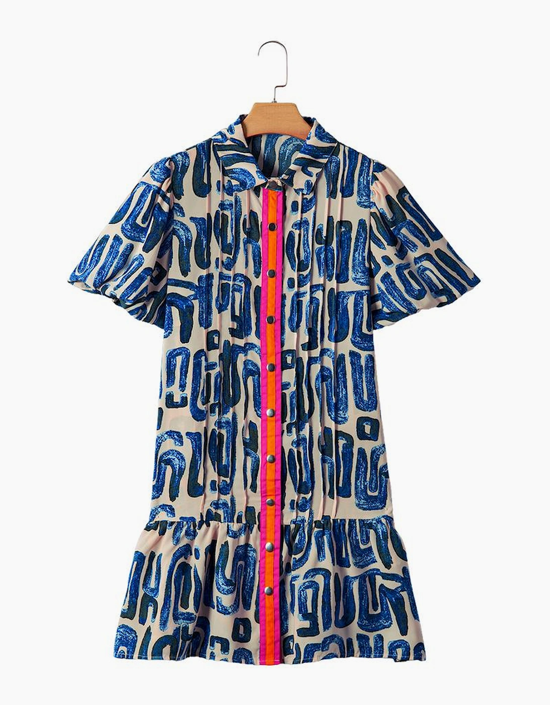 Beige Abstract Print Bubble Sleeve Button up Mini Dress