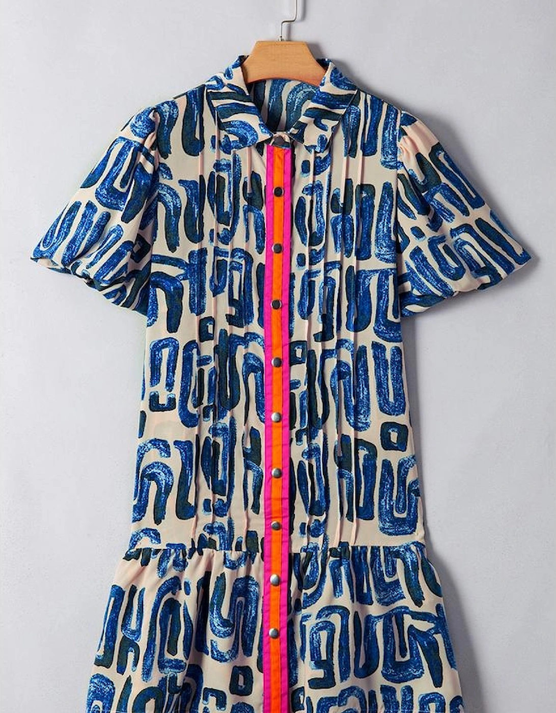 Beige Abstract Print Bubble Sleeve Button up Mini Dress