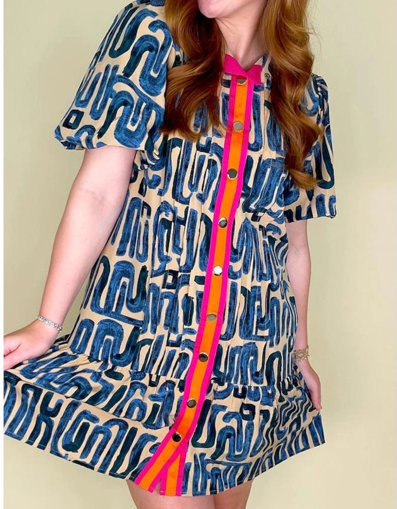 Beige Abstract Print Bubble Sleeve Button up Mini Dress