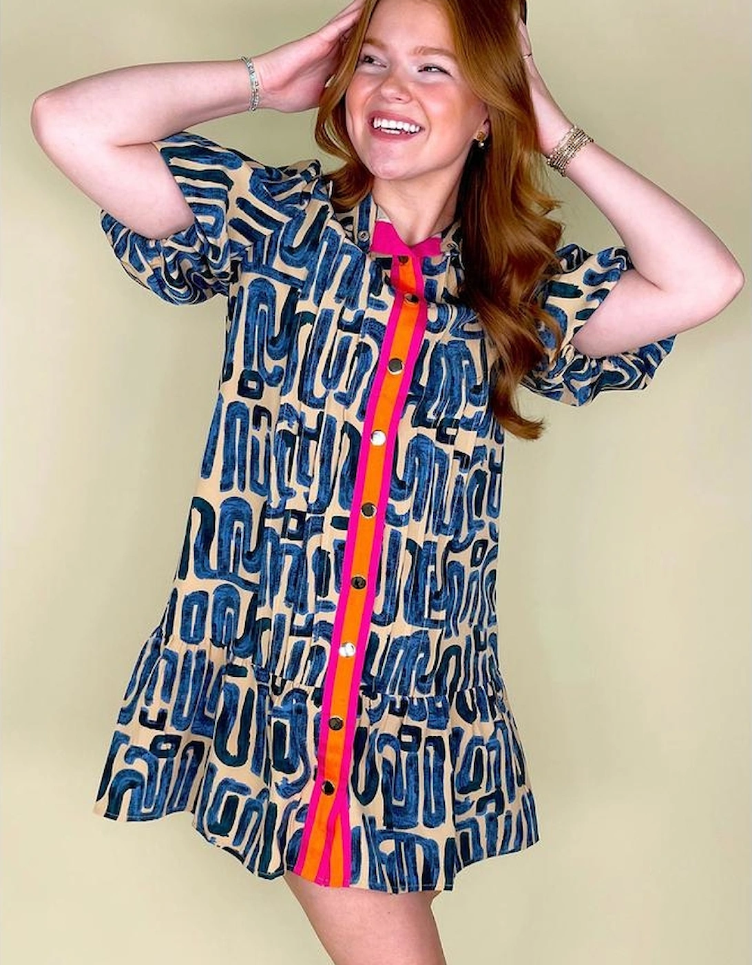 Beige Abstract Print Bubble Sleeve Button up Mini Dress