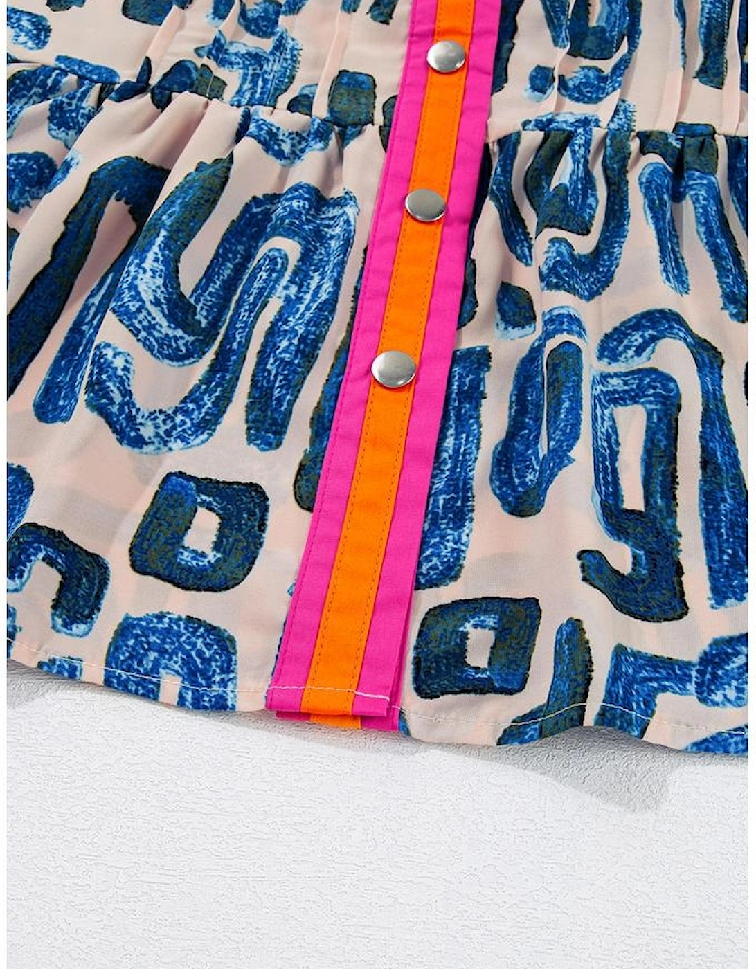 Beige Abstract Print Bubble Sleeve Button up Mini Dress