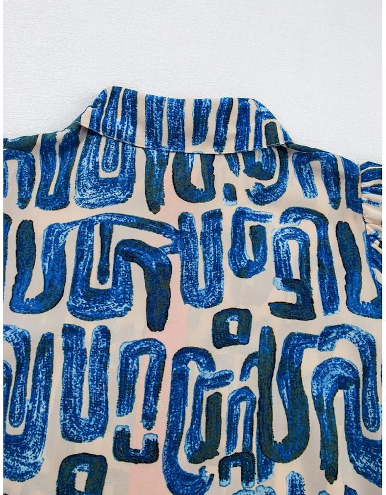 Beige Abstract Print Bubble Sleeve Button up Mini Dress