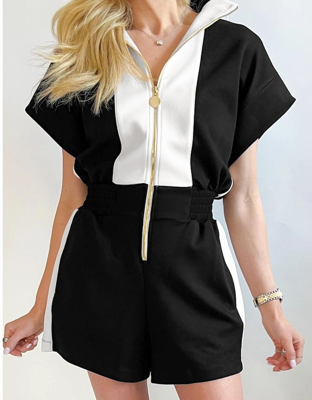 Black Contrast Collar Patchwork Zip Front Romper, 5 of 4