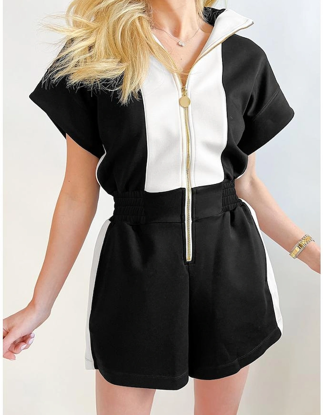 Black Contrast Collar Patchwork Zip Front Romper