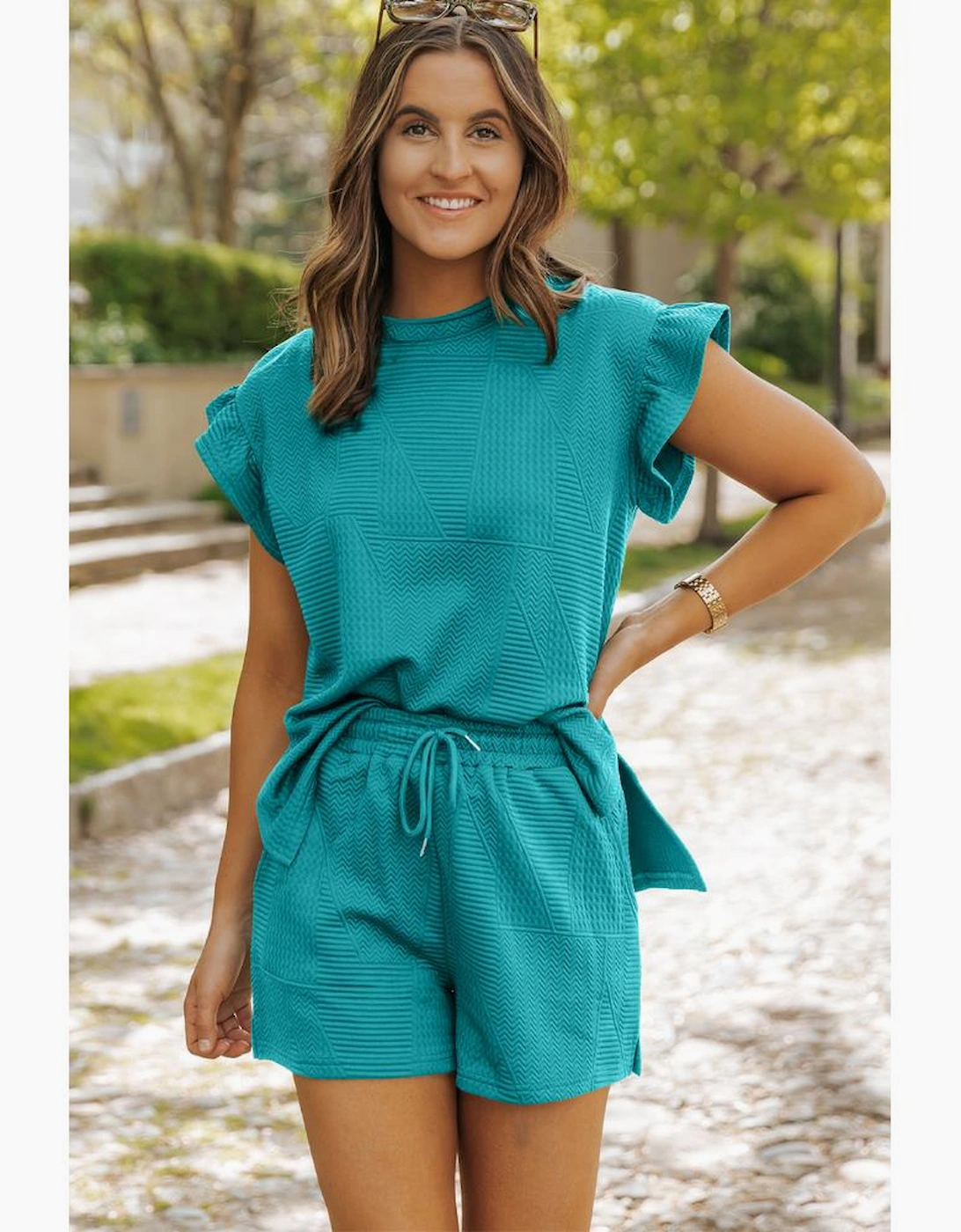Skobeloff Textured Ruffle Split Top and Drawstring Shorts