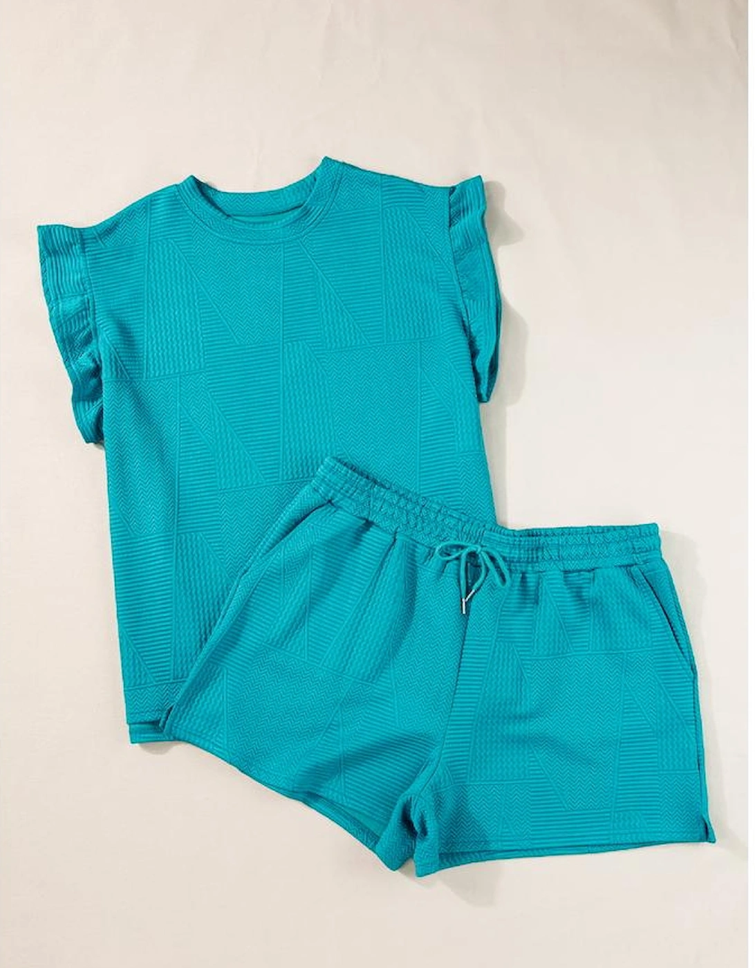 Skobeloff Textured Ruffle Split Top and Drawstring Shorts