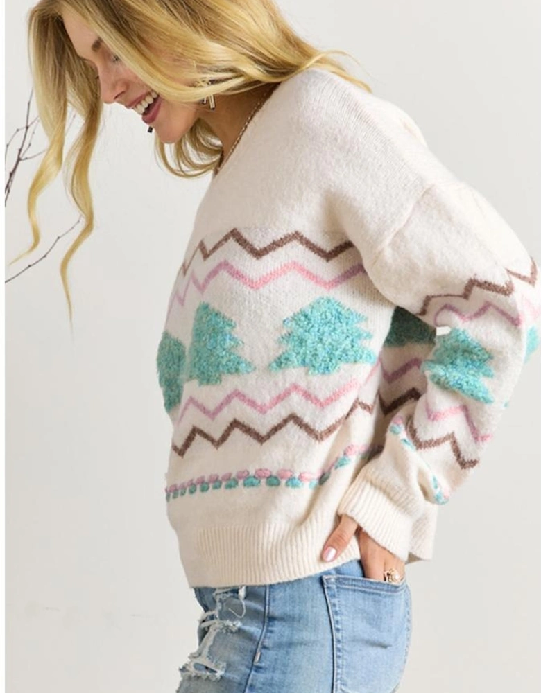 White Striped Christmas Tree Ribbed Trim Drop Shoulder Sweater