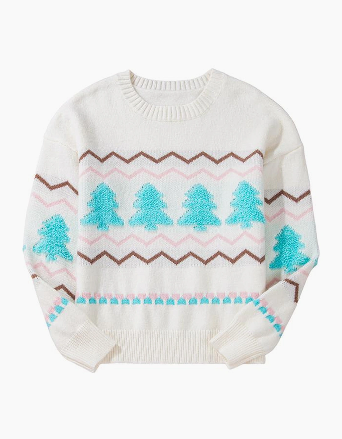 White Striped Christmas Tree Ribbed Trim Drop Shoulder Sweater, 16 of 15