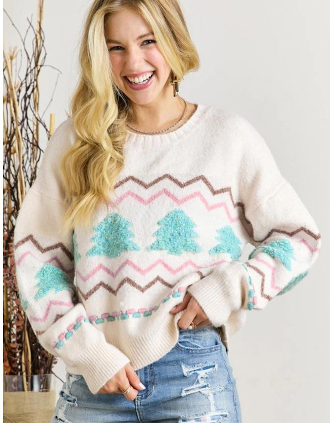 White Striped Christmas Tree Ribbed Trim Drop Shoulder Sweater
