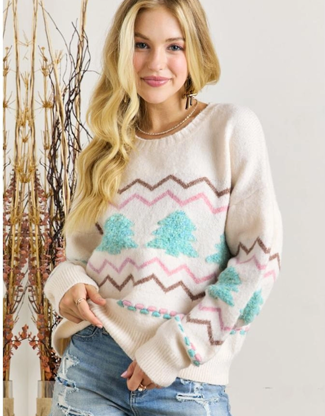 White Striped Christmas Tree Ribbed Trim Drop Shoulder Sweater