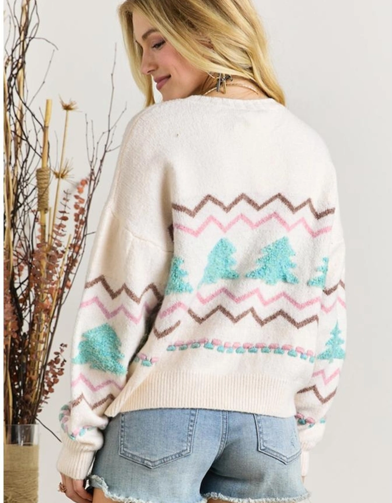 White Striped Christmas Tree Ribbed Trim Drop Shoulder Sweater