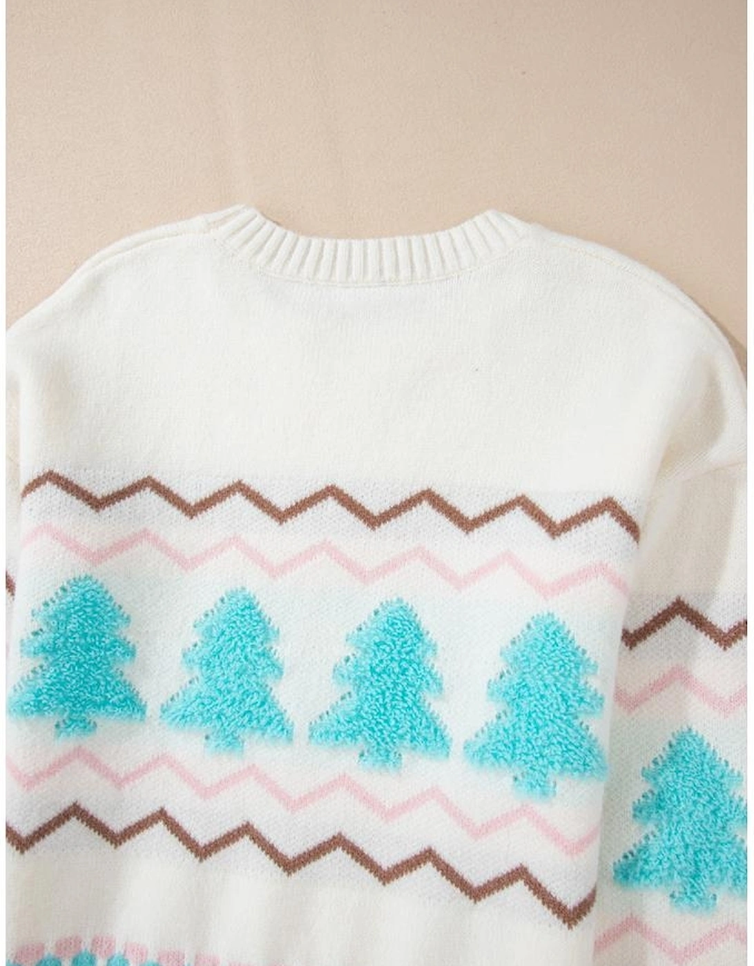 White Striped Christmas Tree Ribbed Trim Drop Shoulder Sweater