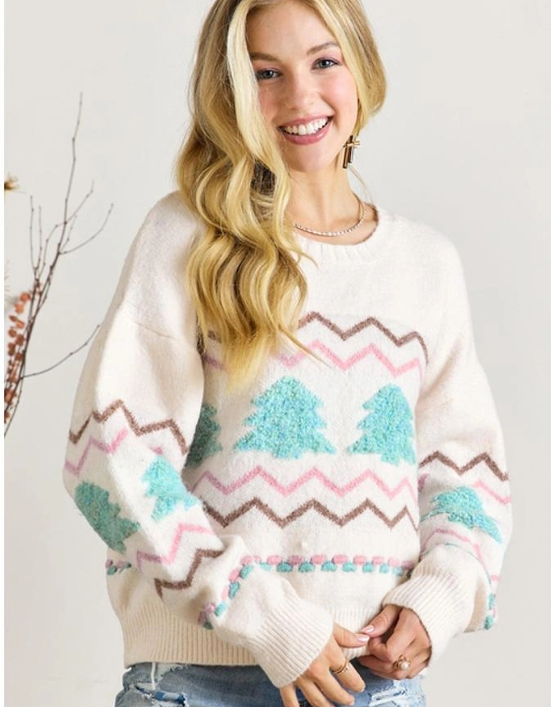 White Striped Christmas Tree Ribbed Trim Drop Shoulder Sweater