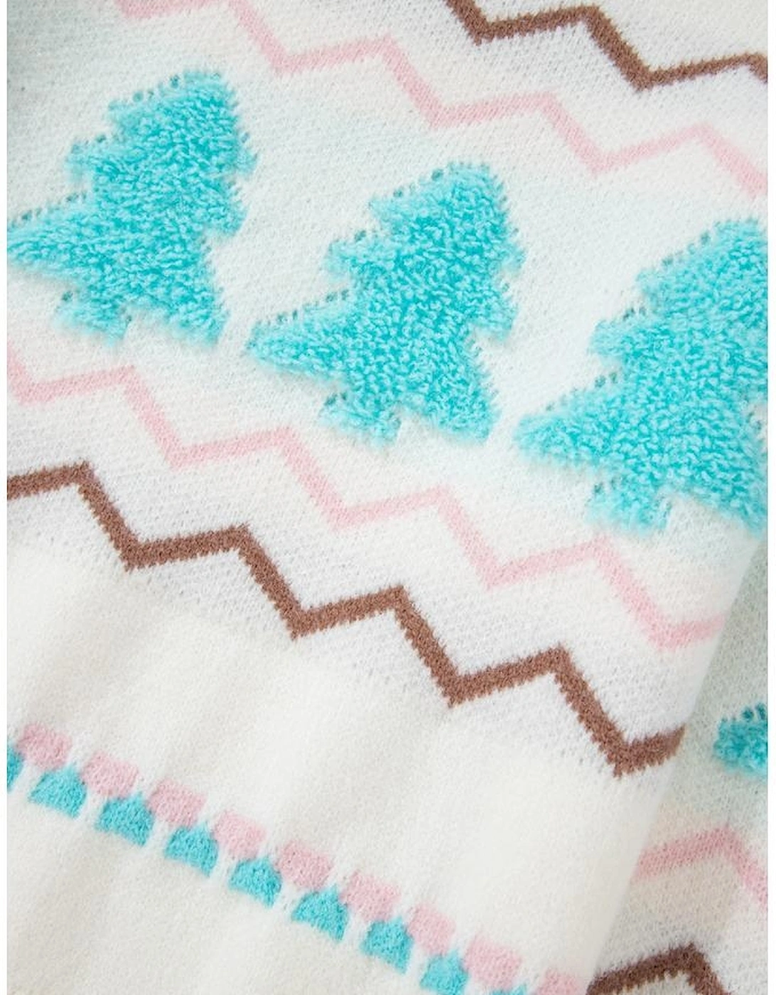 White Striped Christmas Tree Ribbed Trim Drop Shoulder Sweater