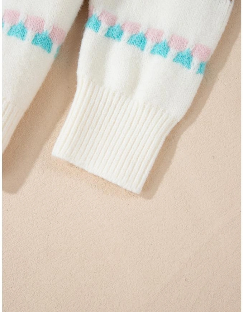 White Striped Christmas Tree Ribbed Trim Drop Shoulder Sweater