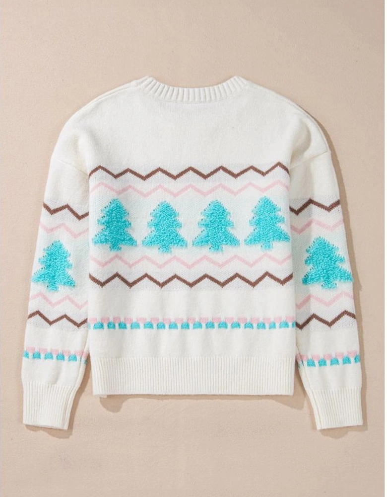 White Striped Christmas Tree Ribbed Trim Drop Shoulder Sweater