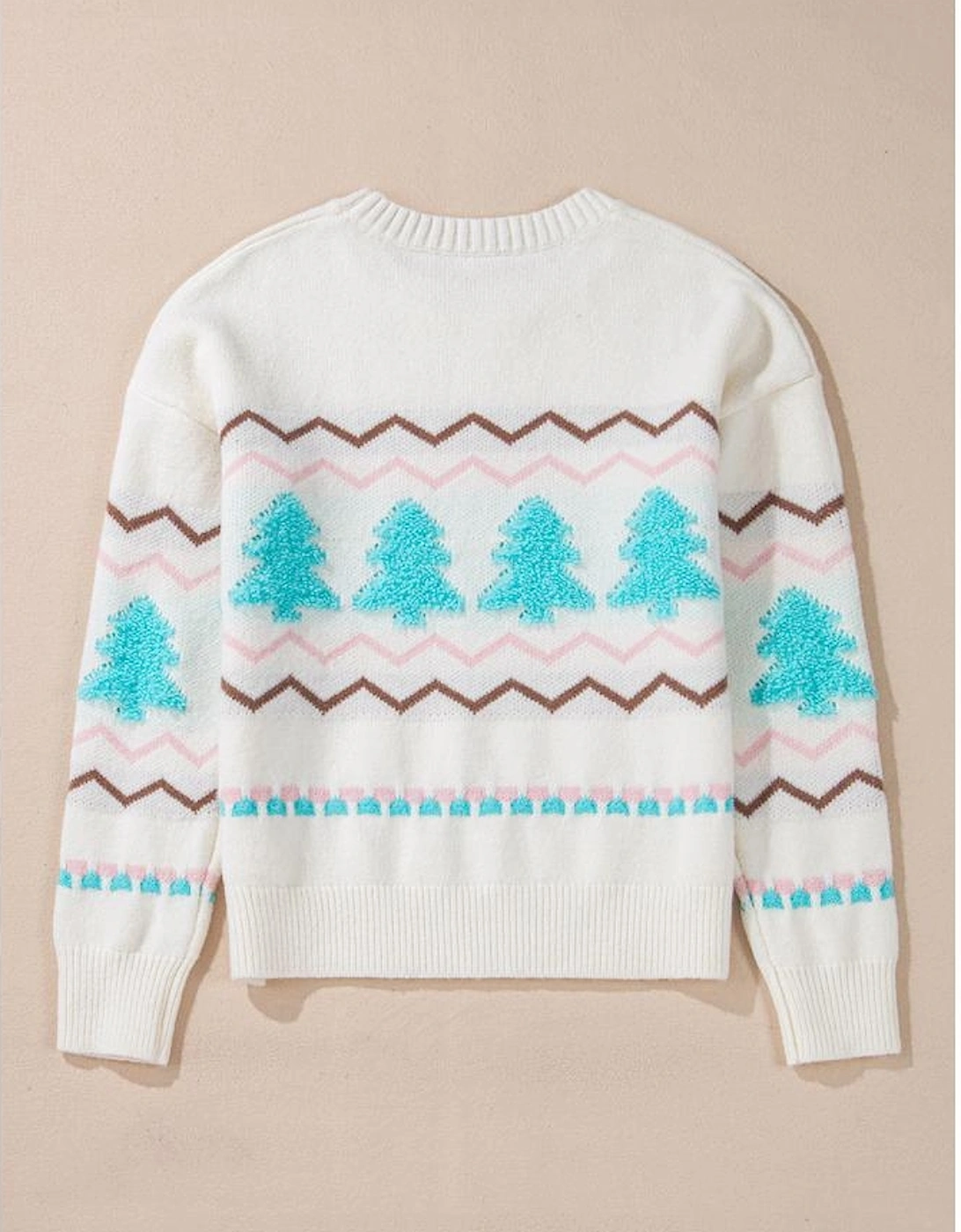 White Striped Christmas Tree Ribbed Trim Drop Shoulder Sweater