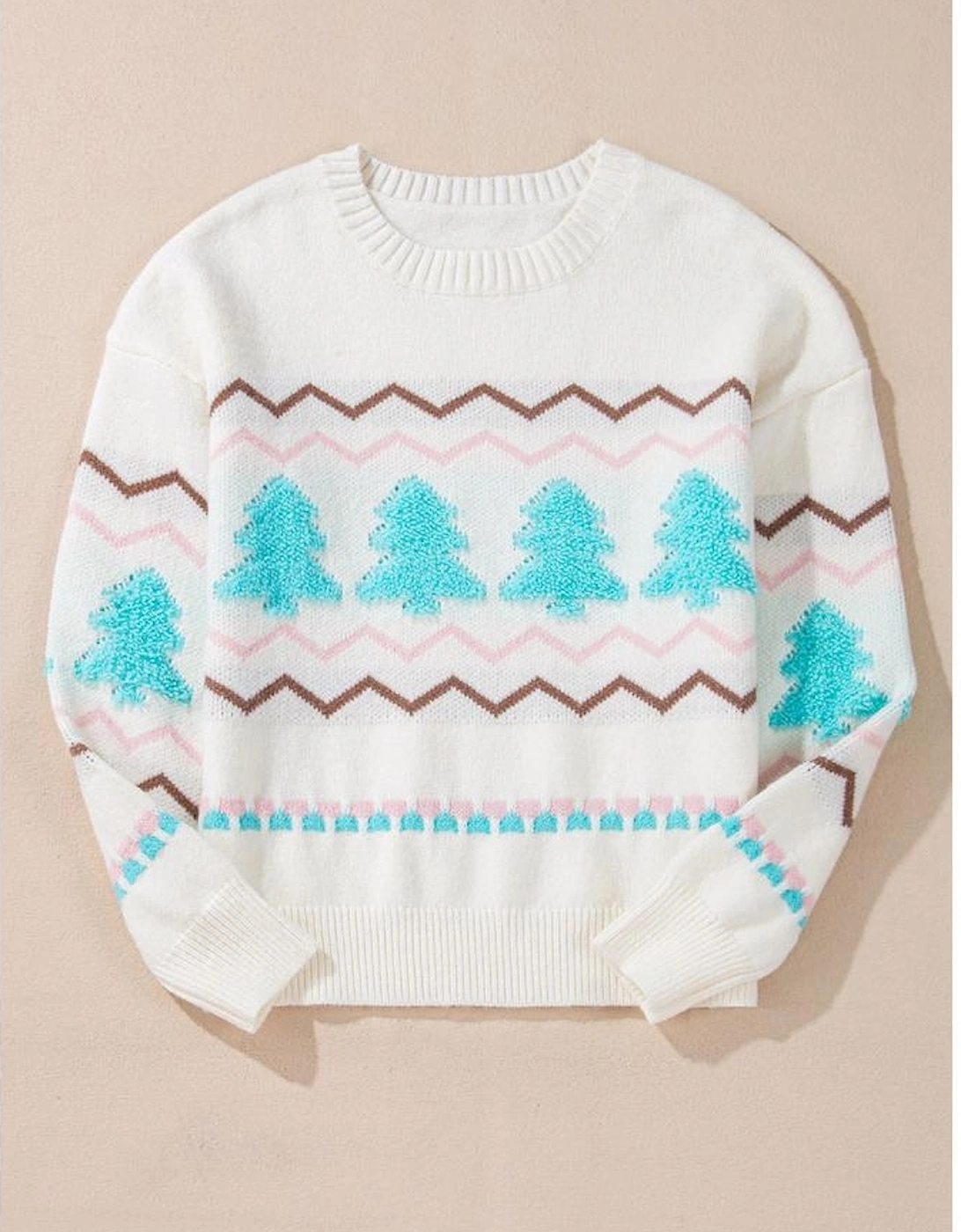 White Striped Christmas Tree Ribbed Trim Drop Shoulder Sweater