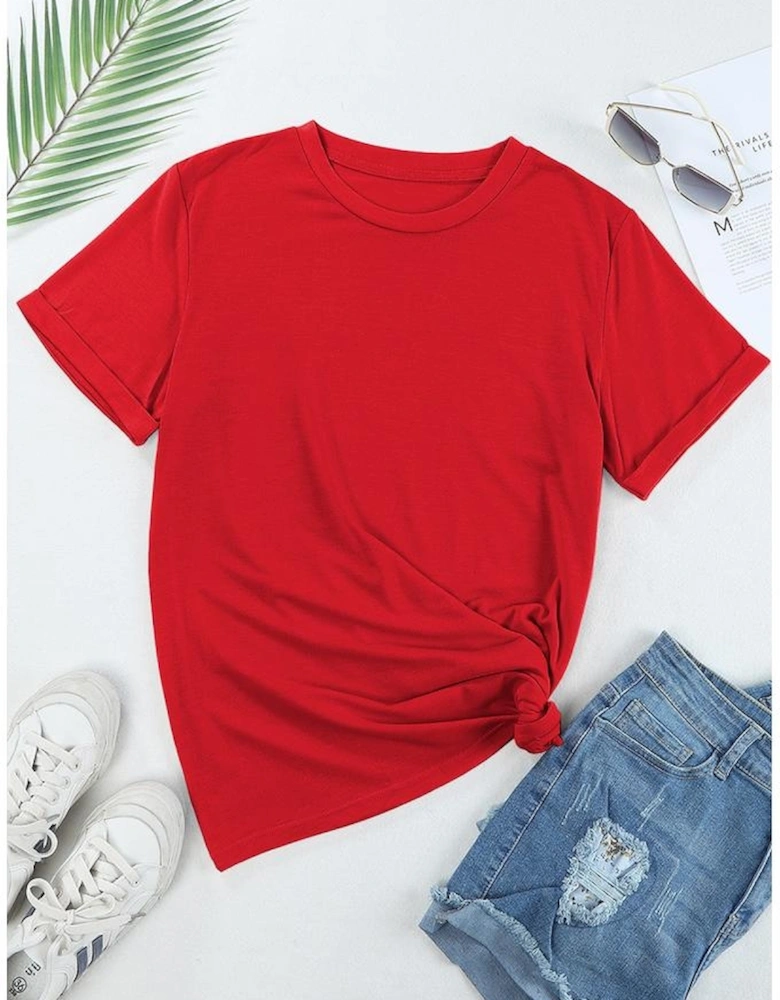 Red Casual Plain Crew Neck Tee