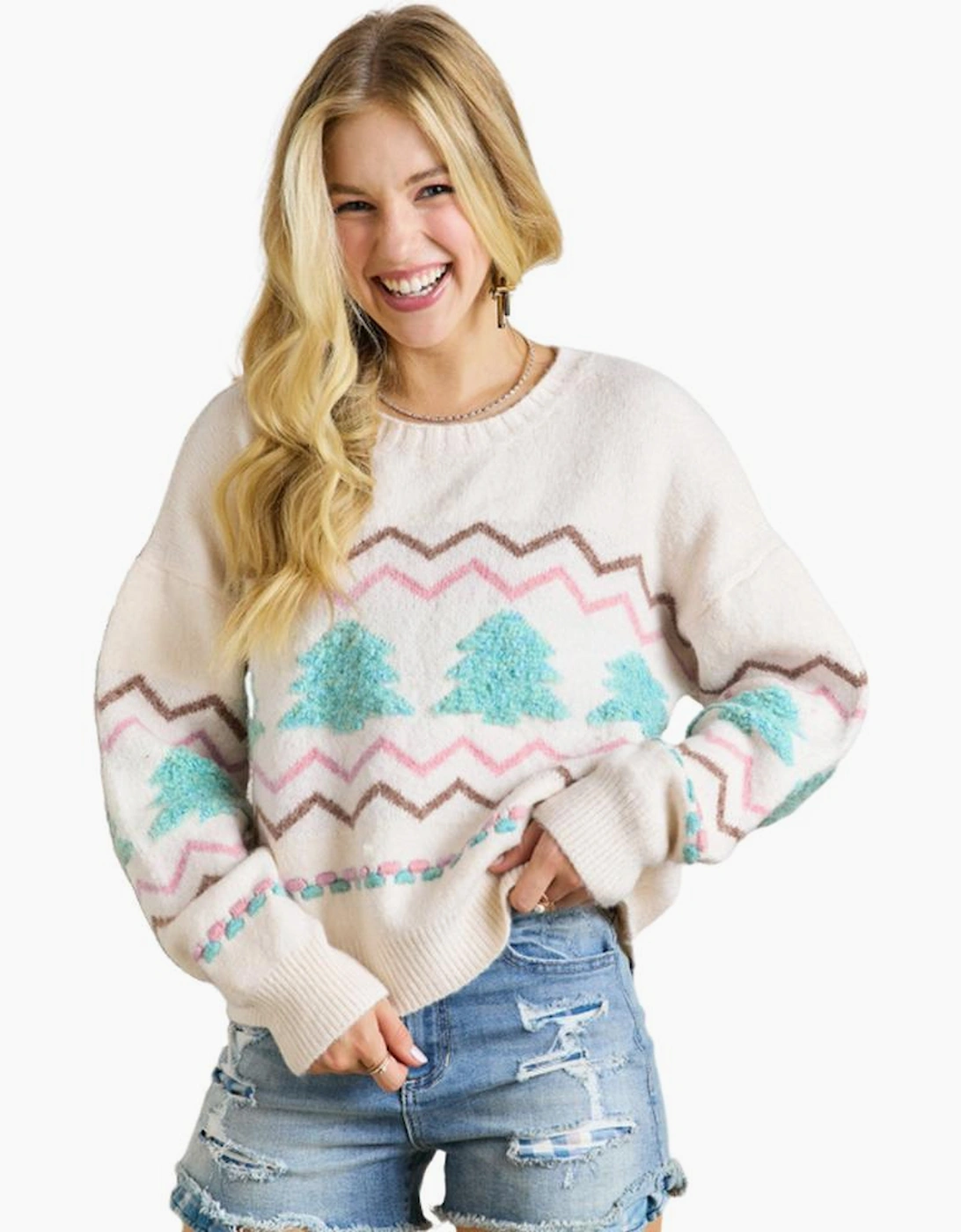 White Striped Christmas Tree Ribbed Trim Drop Shoulder Sweater
