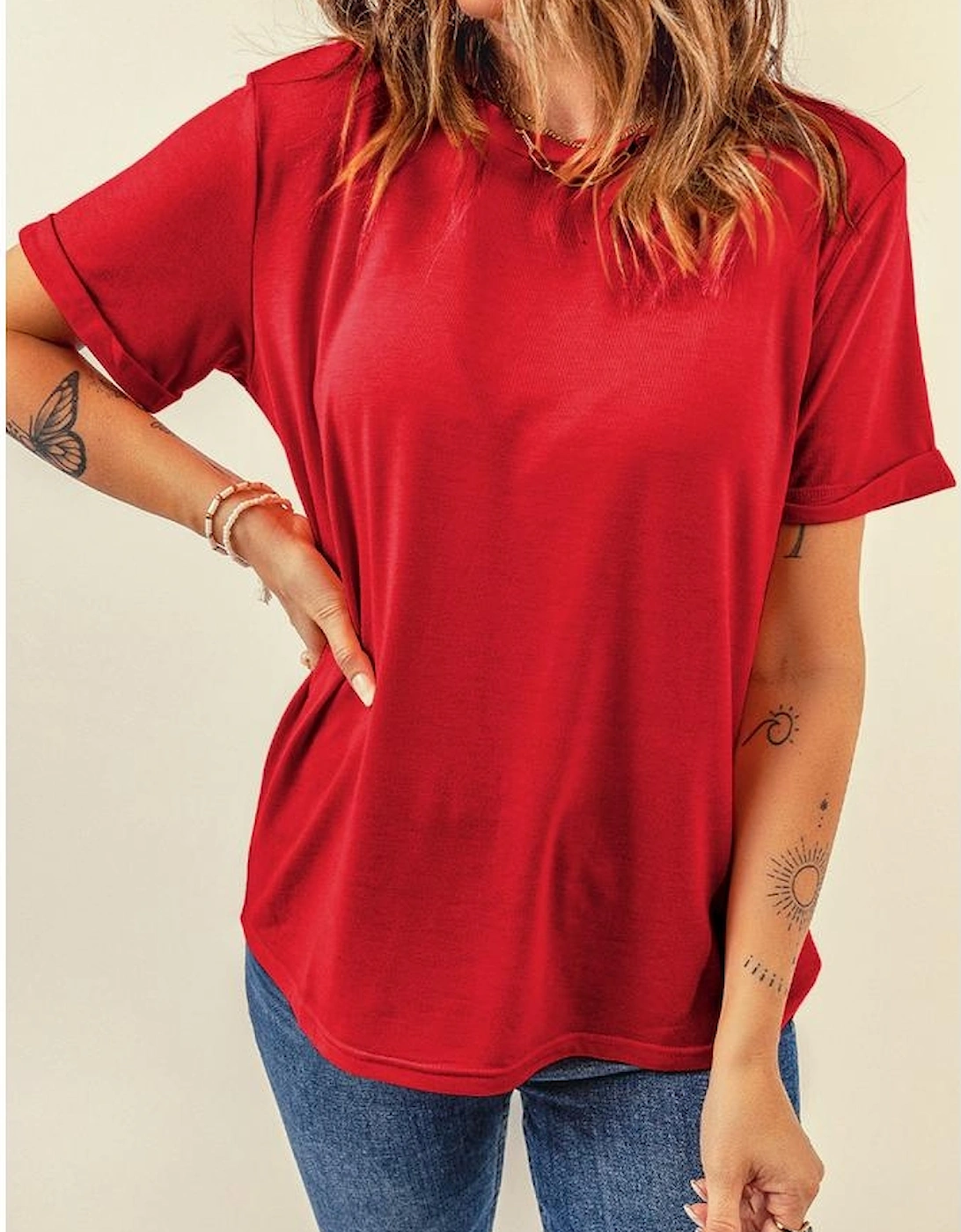 Red Casual Plain Crew Neck Tee