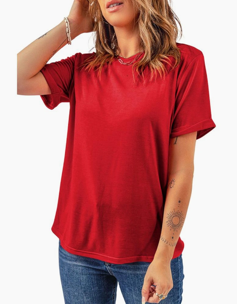 Red Casual Plain Crew Neck Tee