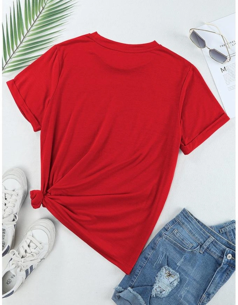 Red Casual Plain Crew Neck Tee