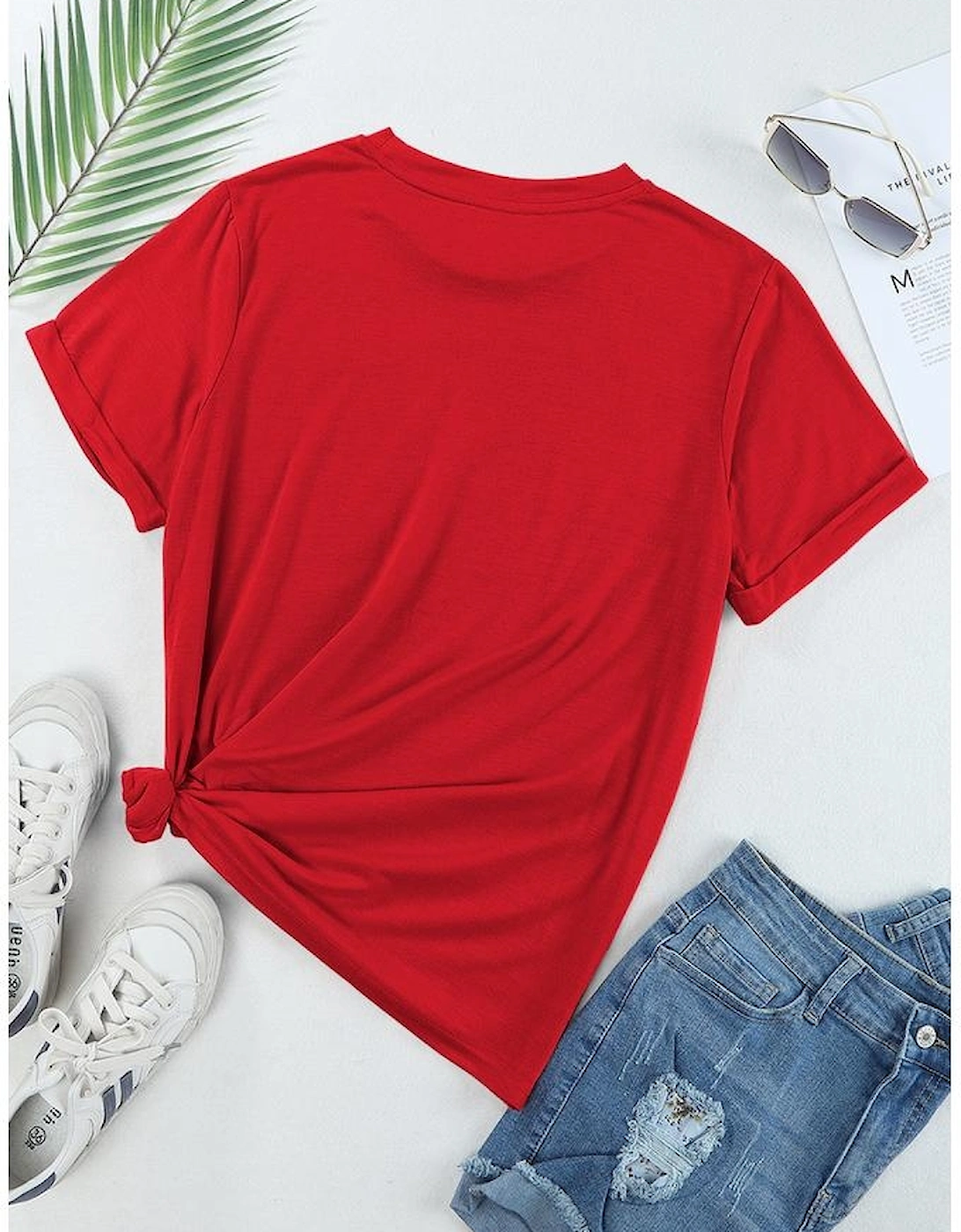 Red Casual Plain Crew Neck Tee
