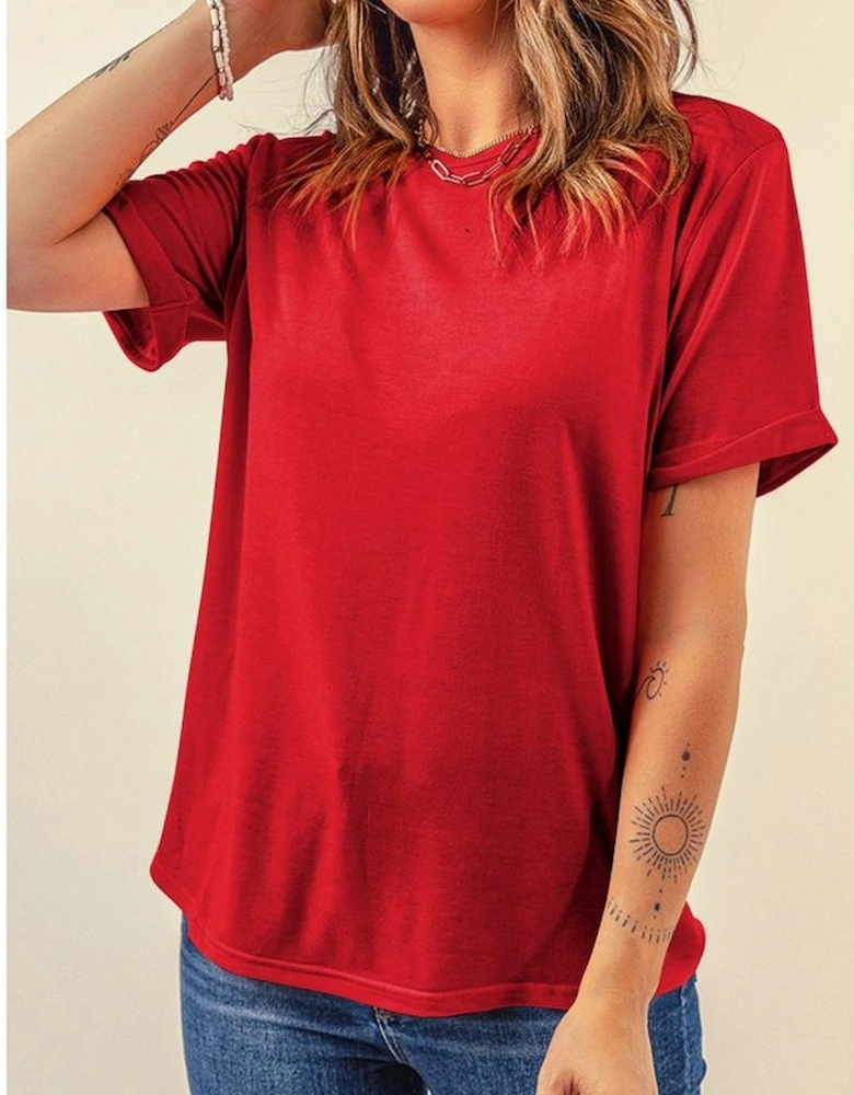 Red Casual Plain Crew Neck Tee