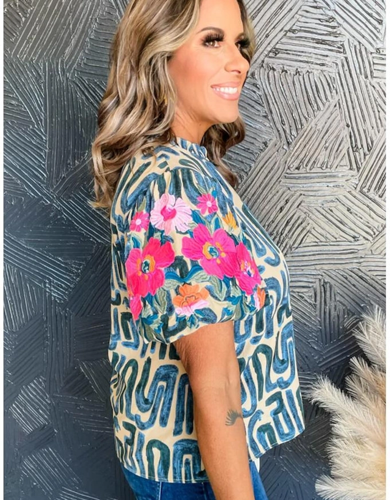 Beige Embroidered Puff Sleeve Frilled Neck Printed Top