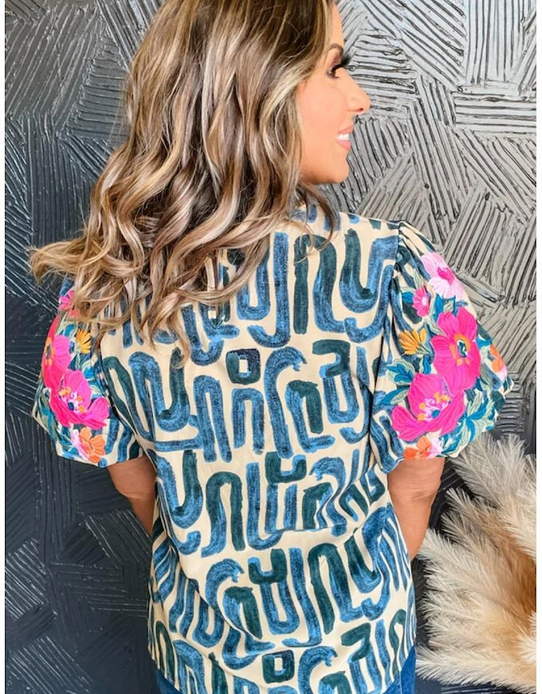 Beige Embroidered Puff Sleeve Frilled Neck Printed Top