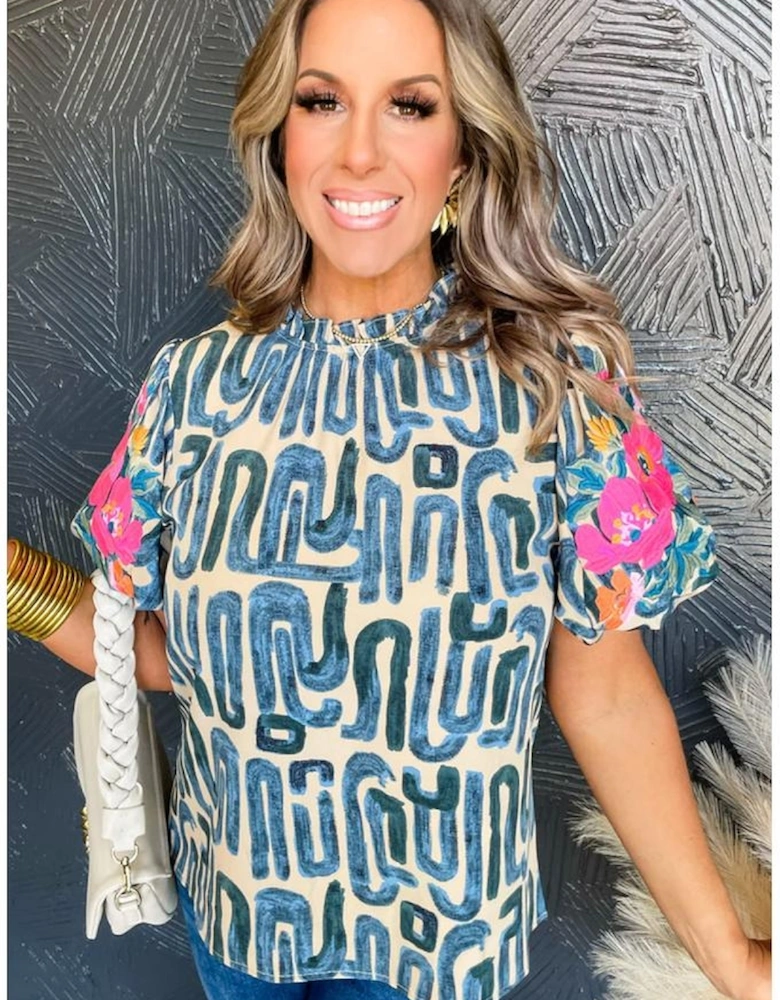 Beige Embroidered Puff Sleeve Frilled Neck Printed Top