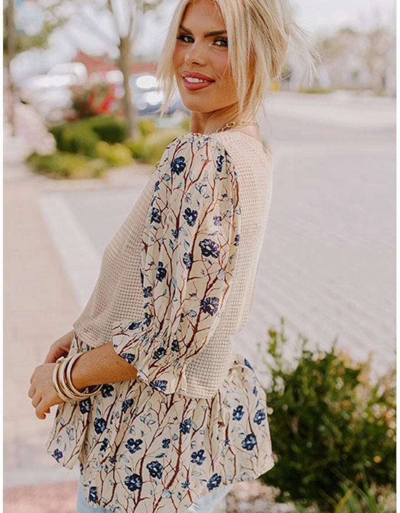 Beige Faux Two Piece Knit Patchwork Floral Print Plus Size Top