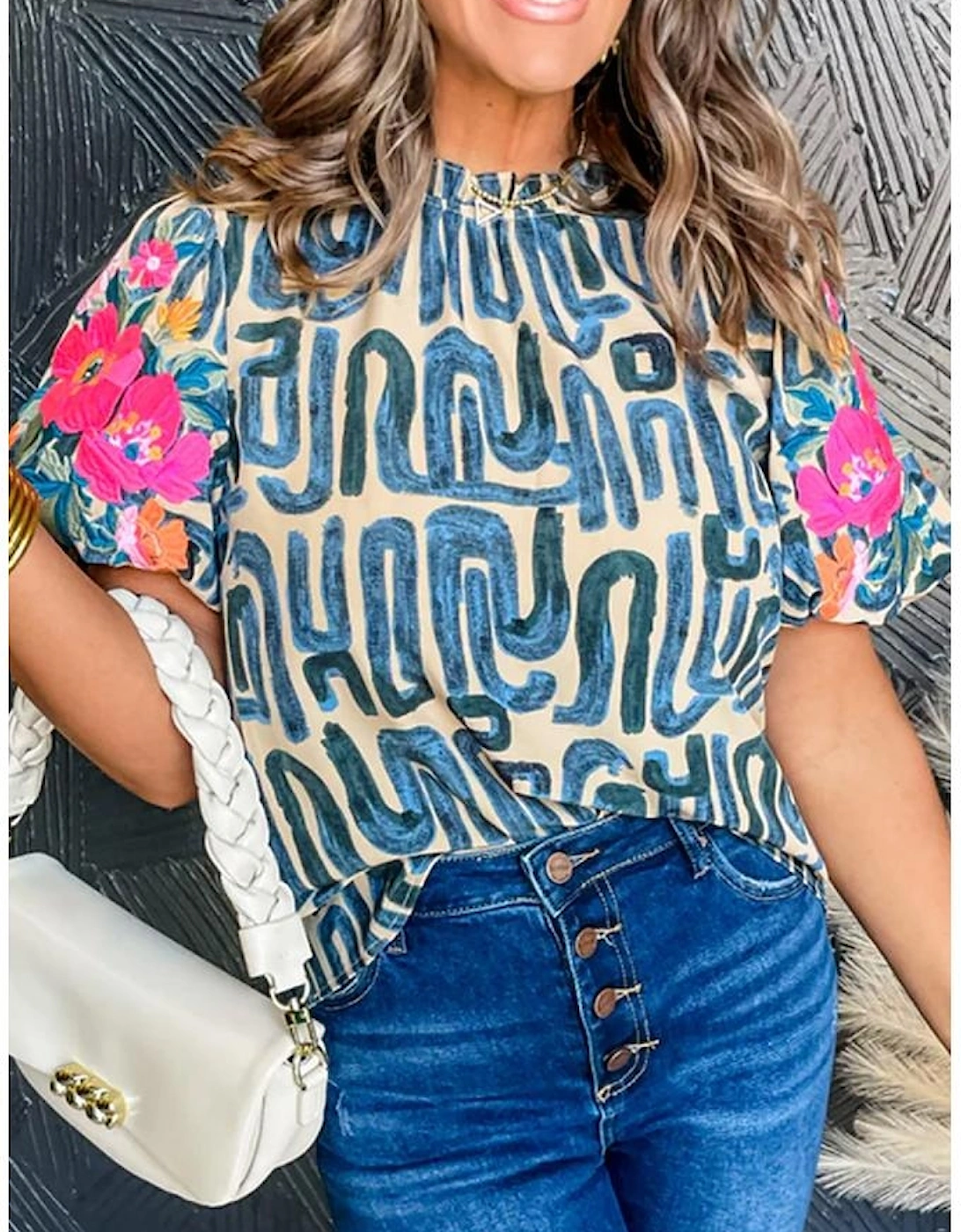 Beige Embroidered Puff Sleeve Frilled Neck Printed Top, 8 of 7