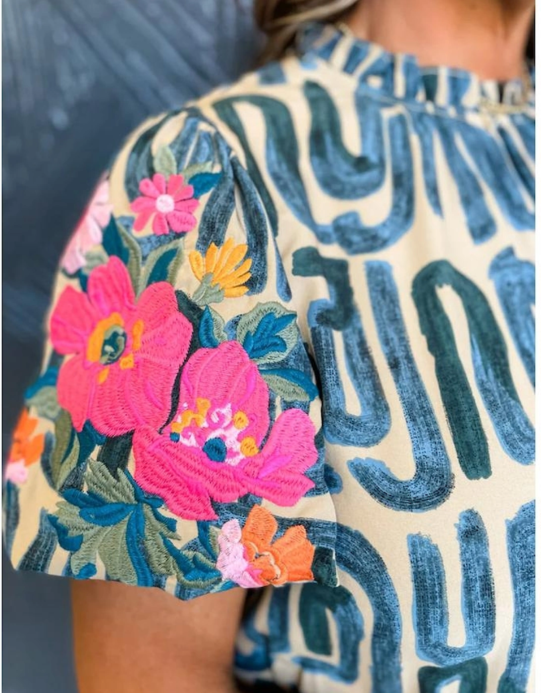 Beige Embroidered Puff Sleeve Frilled Neck Printed Top